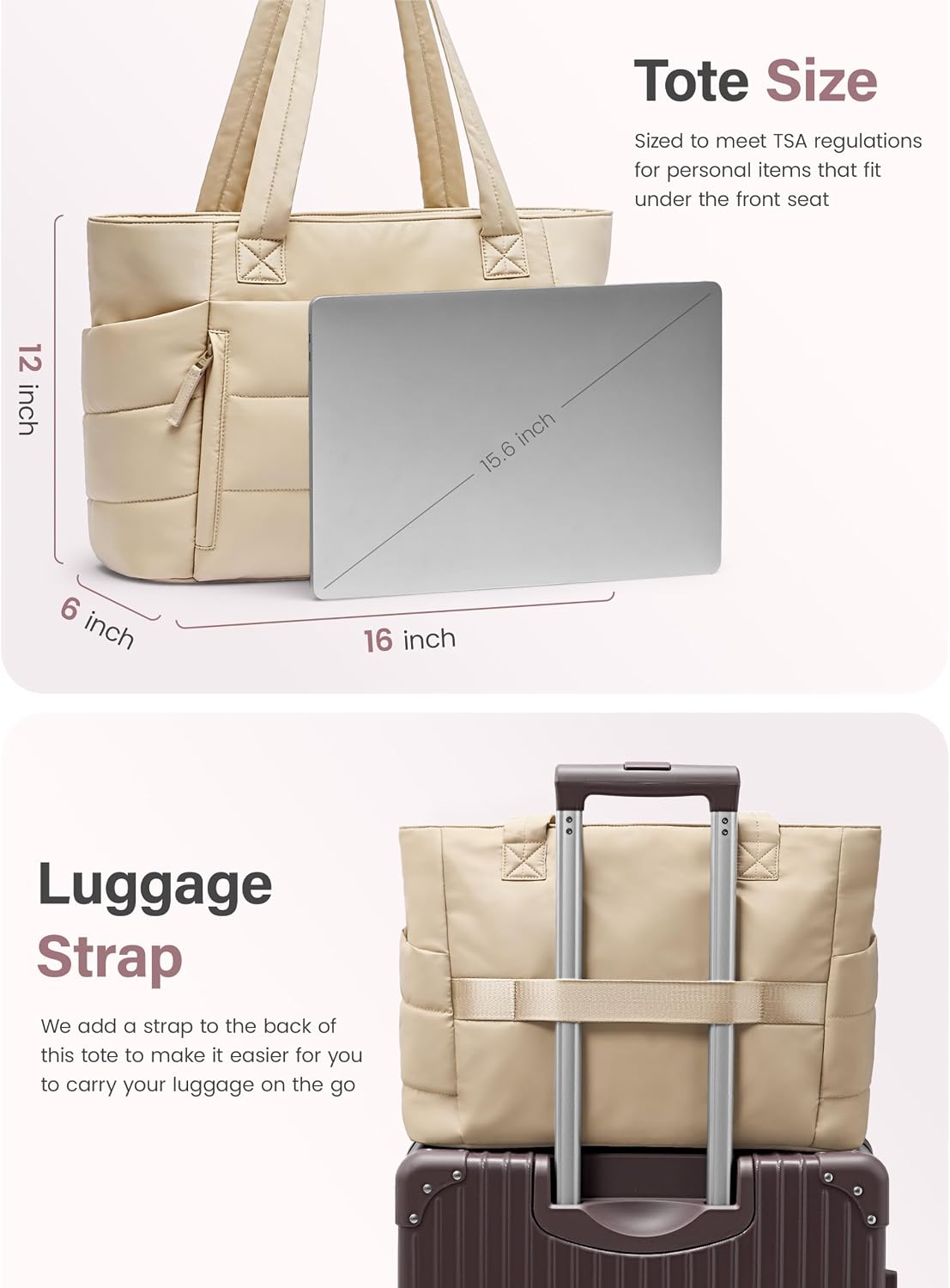 Uselike Tote Bag for Women with Zipper, Quilted Puffer Tote Bag with Compartments, Lightweight Puffy Work Bags for Women