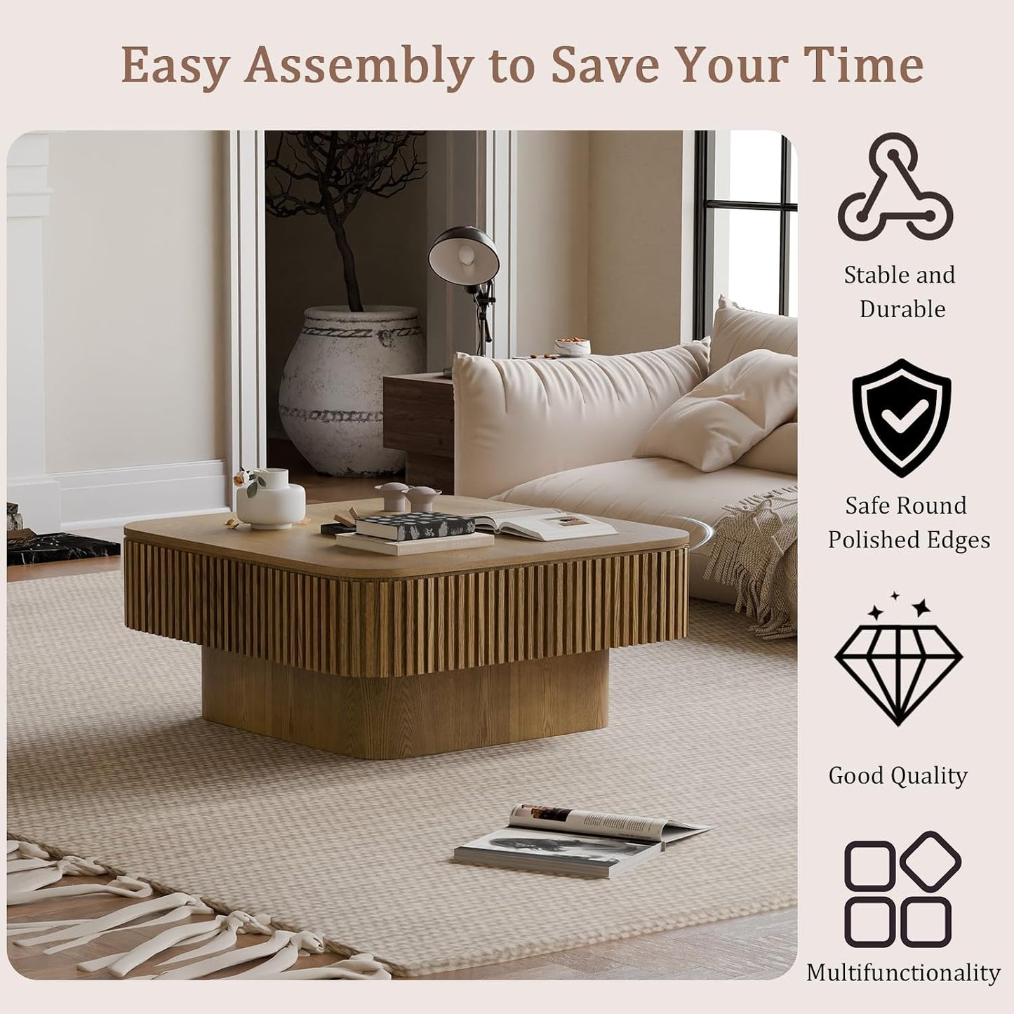 31.5" Square Coffee Table with Hidden Storage Compartment, Modern Handcraft Fluted Drum Coffee Table, Wooden Square Center Table Cocktail Tea Table with Sturdy Pedestal for Living Room, Brwon