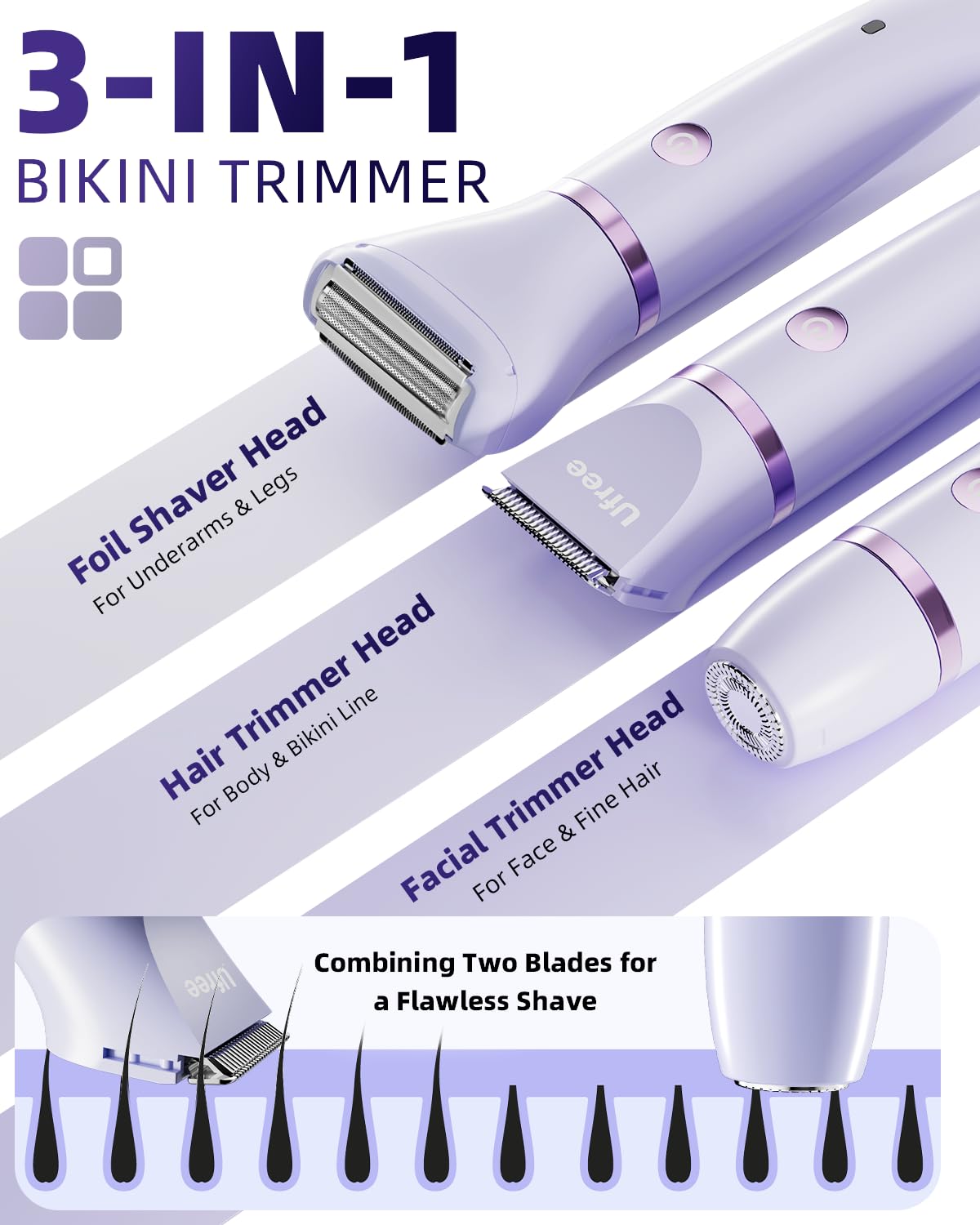 Ufree Bikini Trimmer Electric Razors for Women, Ceramic Blade Body Hair Trimmer, IPX7 Waterproof Rechargeable Lady Shaver, Personal Groomer for Legs & Pubic Hair, Gifts for Women, Purple