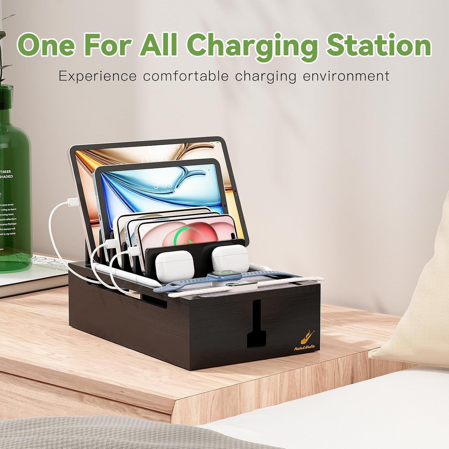 Pezin & Hulin Bamboo Charging Station for Multiple Devices -Black | USB Charger Dock Organizer, with Power Supply (10 Ports HUB), 6 Cables, Cable Management Organizer for Cell Phones, Tablet