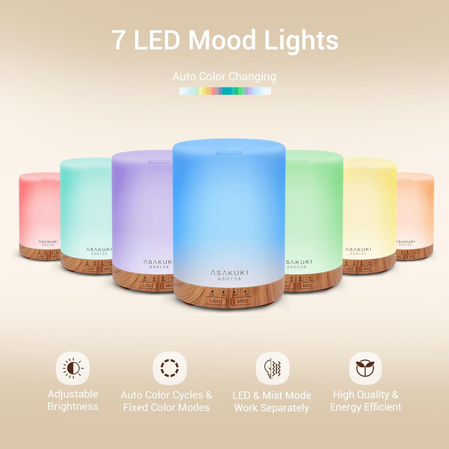 ASAKUKI Essential Oil Diffuser for Home, 300 ml Humidifier with Automatic Shut-Off, Quiet Aromatherapy Diffuser with 7 LED Lights for Living Room, Kitchen, Bedroom, Hotel - Light Brown