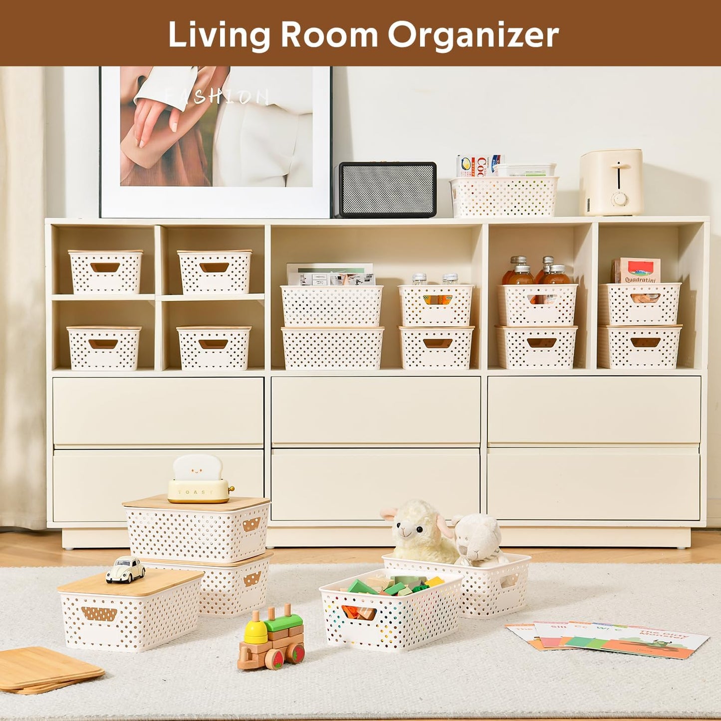 8 Pack Plastic Storage Bins with Bamboo Lids - Stackable Storage Baskets with Handle for Pantry Organizer and Storage, Plastic Containers Bins Lidded Storage Bins for Classroom Office Shelves