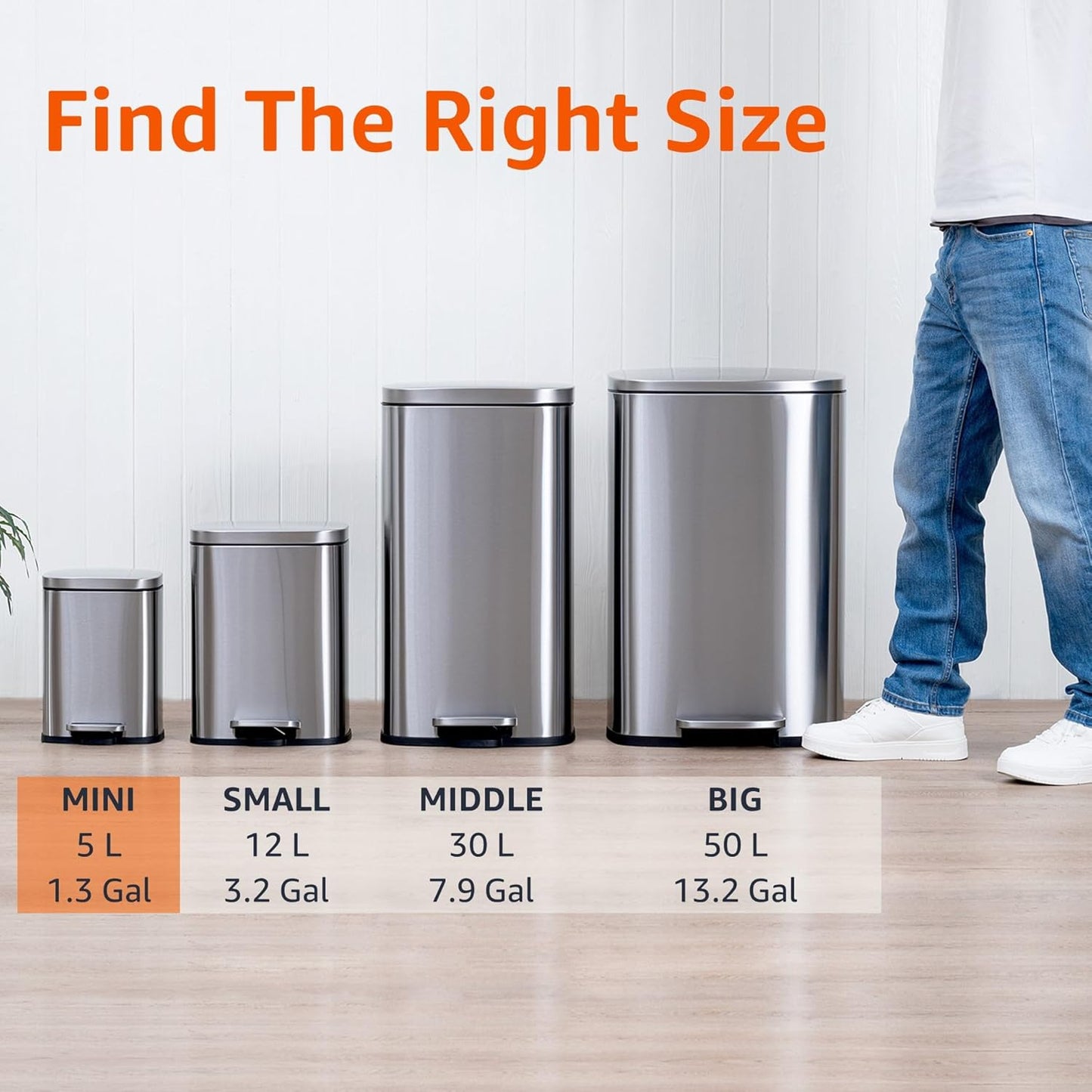 Amazon Basics MINI Trash Can, 1.32 Gallon (5L) Smudge Resistant Rectangular Bin with Soft-Close Lid, Step Foot Pedal, Removable Inner Bucket, Brushed Stainless Steel, for Bathroom, Satin Nickel Finish