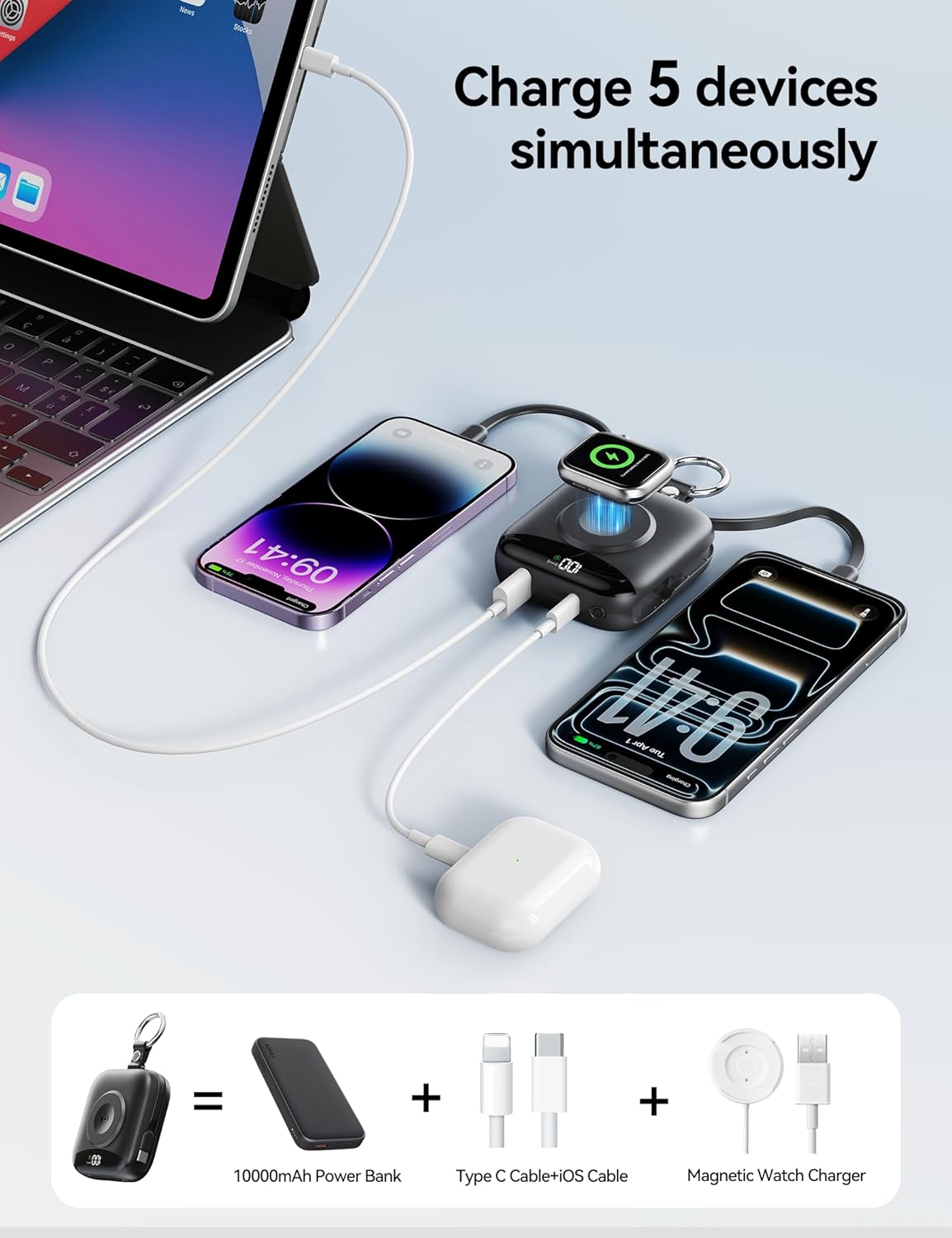 Portable Charger Power Bank, 10000mAh Fast Charging Power Bank with Built-in Cables, Travel Keychain Battery Pack with LED Display for iPhone Samsung Android iPad iWatch Charger 11/10/9/8/Ultra, Black