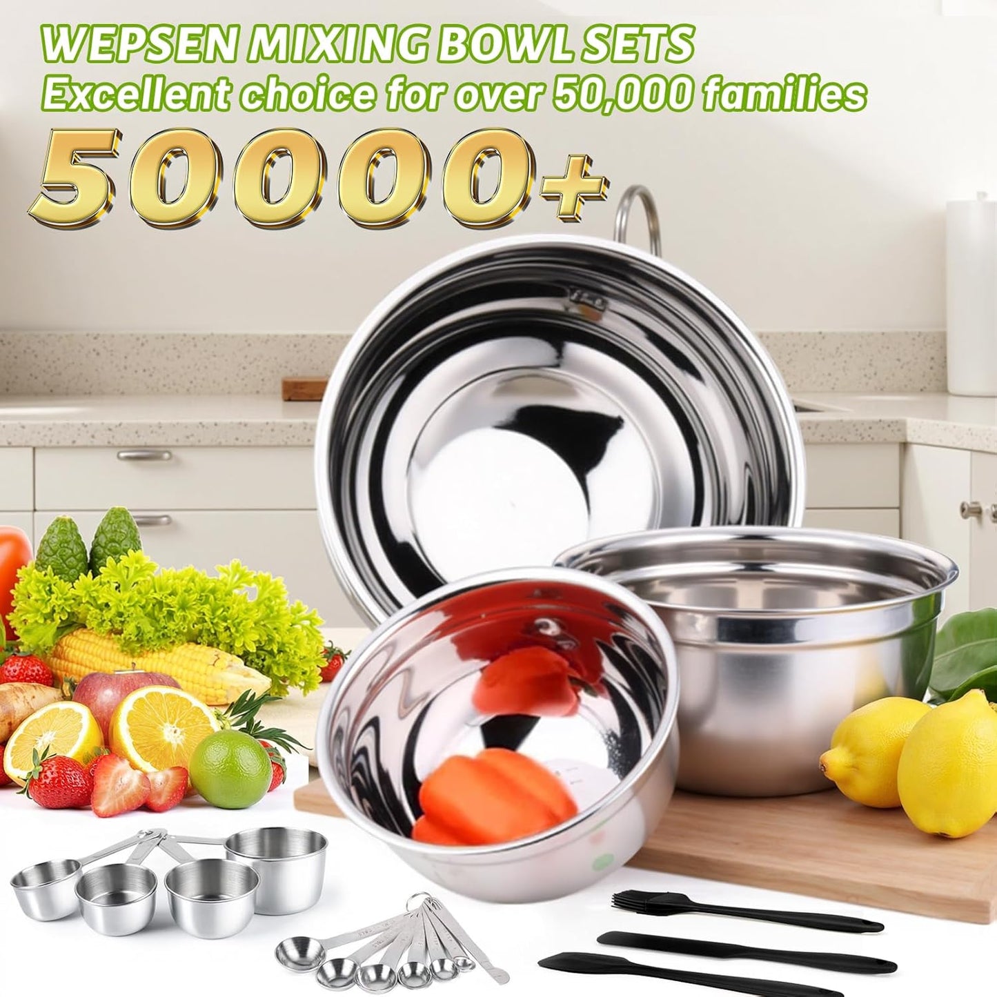 WEPSEN Mixing Bowls Set, 25PCS Stainless Steel Mixing Bowl with Lid Set, Large Nesting Bowls 7, 4.5, 3,2, 1.5QT, Measuring Cups and Spoons Baking Utensils Metal Bowl for Kitchen Prep