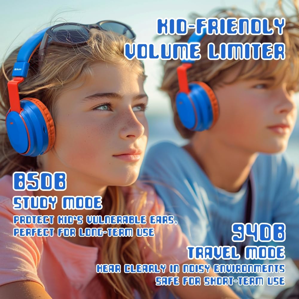 Mokata Kids Headphones Bluetooth 5.3 Wireless Lightweight Fast Charging 68 Hours Play Time Volume Limited 85/94dB Over Ear Foldable with Built-in Mic for Toddler Boy Girl Tablet Pad Blue