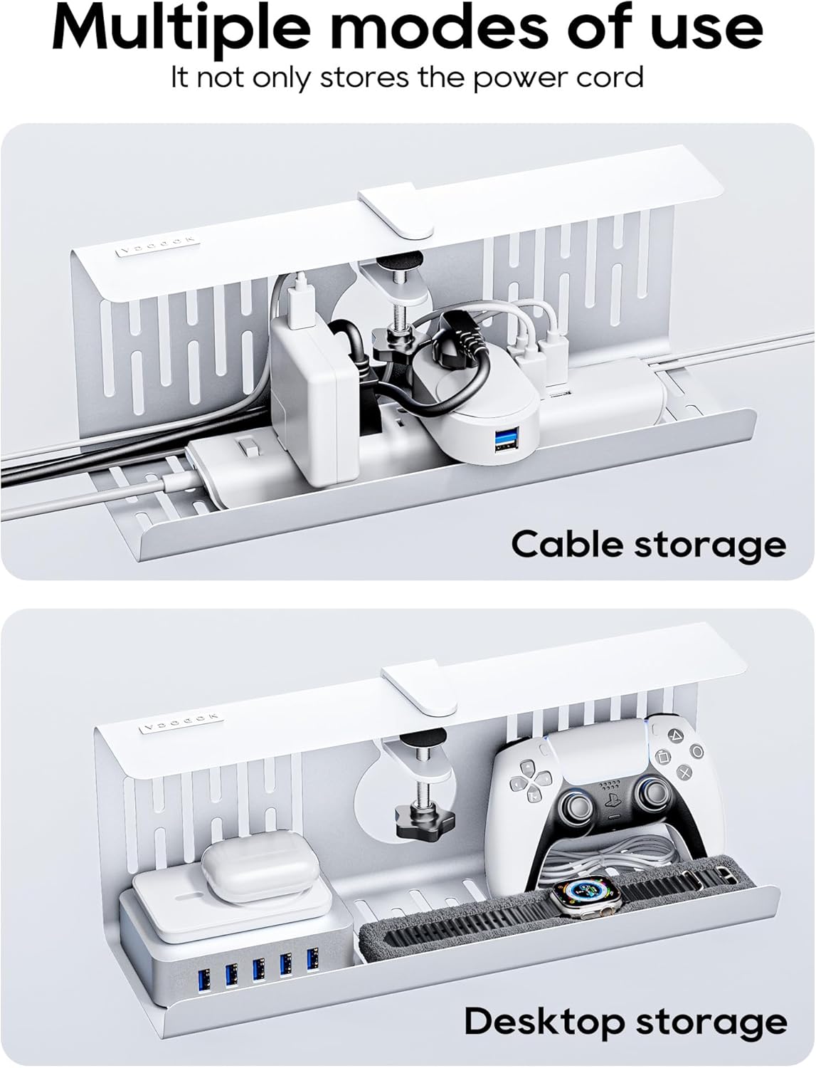 NODOCA No Drill Under Desk Cable Management Tray, 14'' Wire Management, Punch-Free Clamp on, Metal Cable Tray, Wire Organizer Under Desk, Under Desk Basket for Office and Home, White(2 Packs)