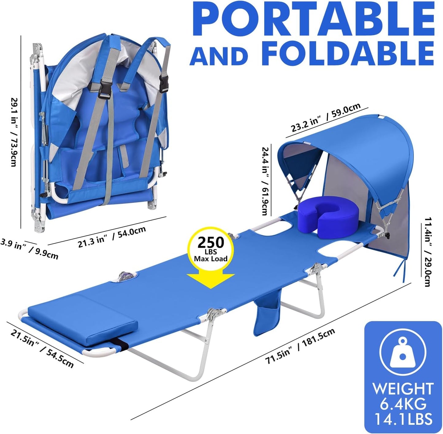 Backpack Beach Tanning Lounge Chair with Canopy Shade Face Hole Padded Adjustable Washable, 6 Position Layout Chair for Outside Sunbathing Poolside Lawn, UPF 50+ Wind-Resistant Sun Shade, Patented