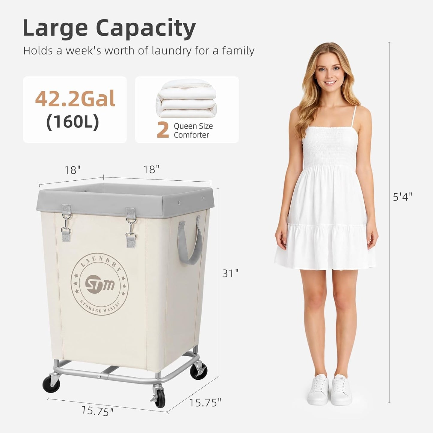 STORAGE MANIAC Commercial Laundry Hamper with Heavy Duty Steel Frame, 160 L Industrial Laundry Basket Cart with Wheels for Hotel, Home, Laundry Room, 18''L x 18''W x 31''H, Medium Beige