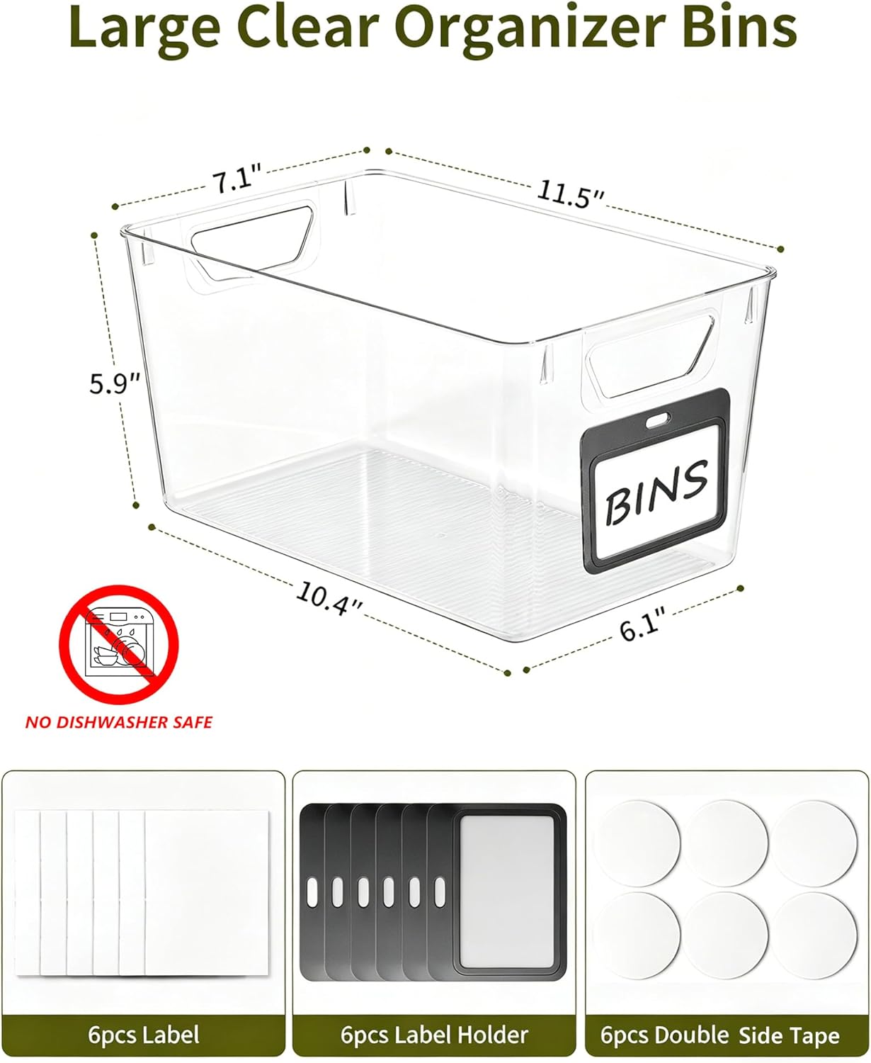iCASA Clear Organizer Bins - 6 Pack Plastic Pantry Organizers & Storage Containers with Handles & Labels, Home Organization Must Haves for Kitchen, Under Sink, Cabinet Fridge, Bathroom, Shelf, Laundry
