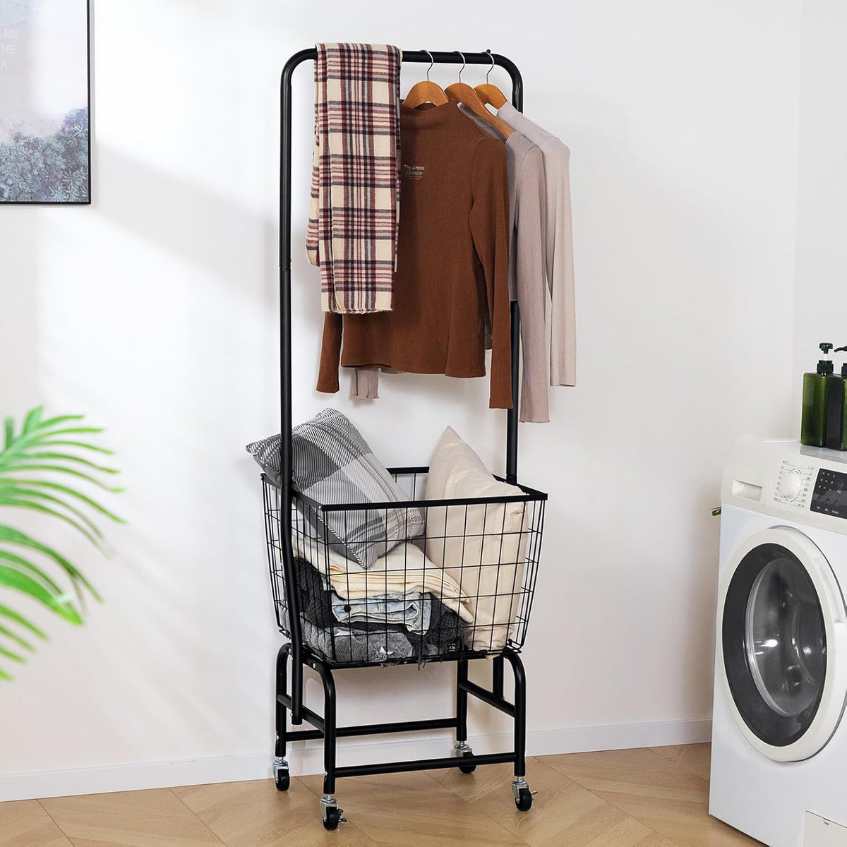ALIMORDEN Laundry Cart with Clothes Rack, Rolling Laundry Cart with Wheels, Extra Large Basket, Black
