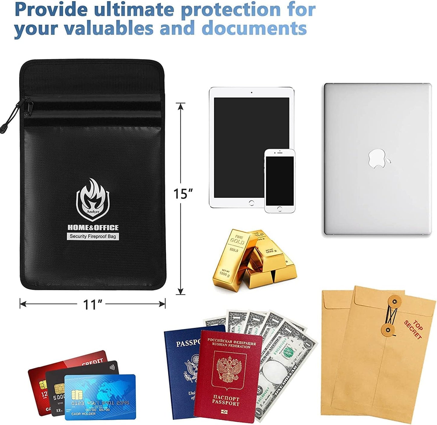 Upgraded Two Pockets Fireproof Document Bag (2000℉), andyer 15”x 11”Waterproof Fireproof Money Bag with Zipper, Waterproof Holder Pouch Fire Safe Envelope for Valuables, Legal Documents (Jet Black)