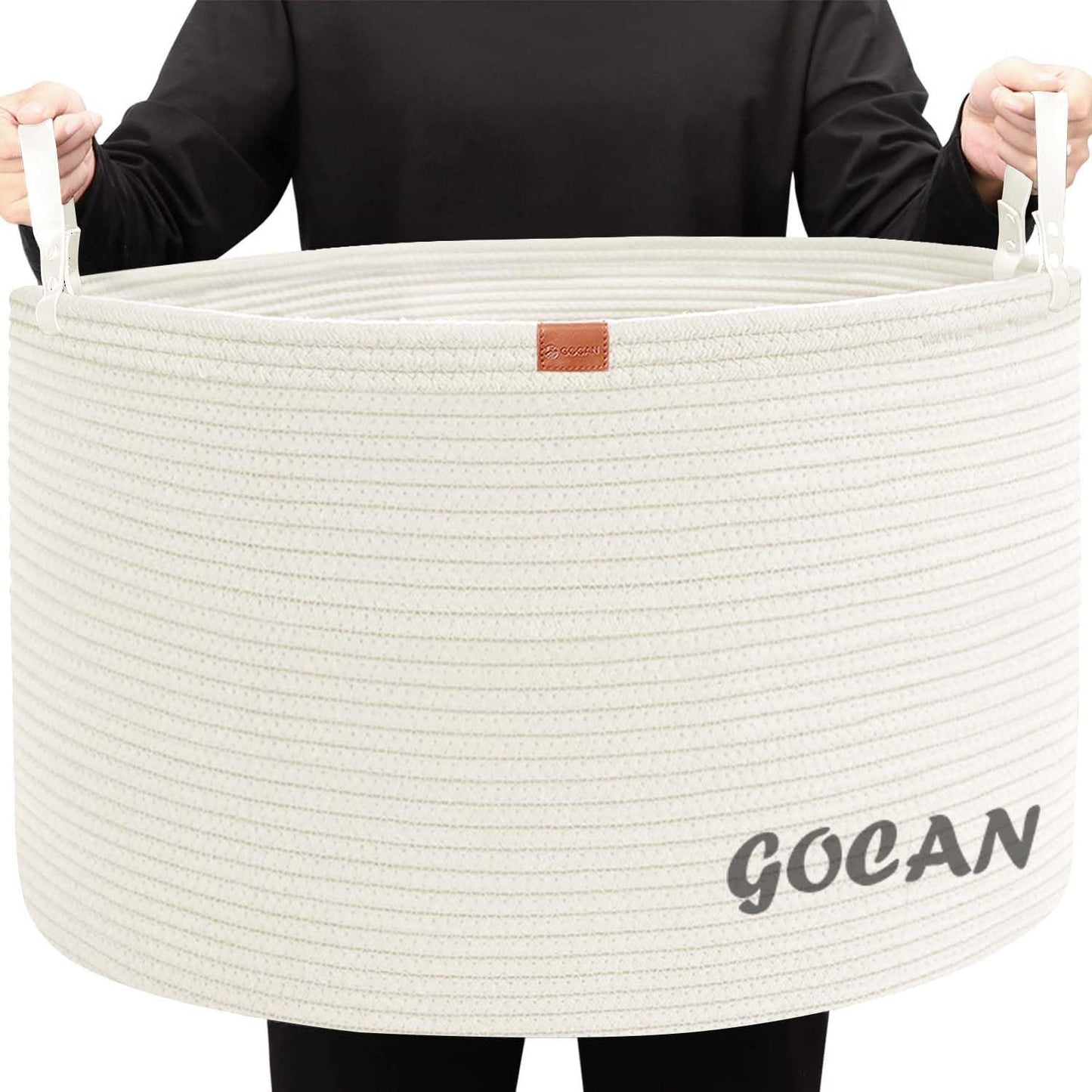 Cotton Rope Woven Laundry Basket 22"X 22"X 14" with handles（Cream）XXXL | Hand-woven, ideal for storing blankets and cushions in the living room, and clothes for household storage.