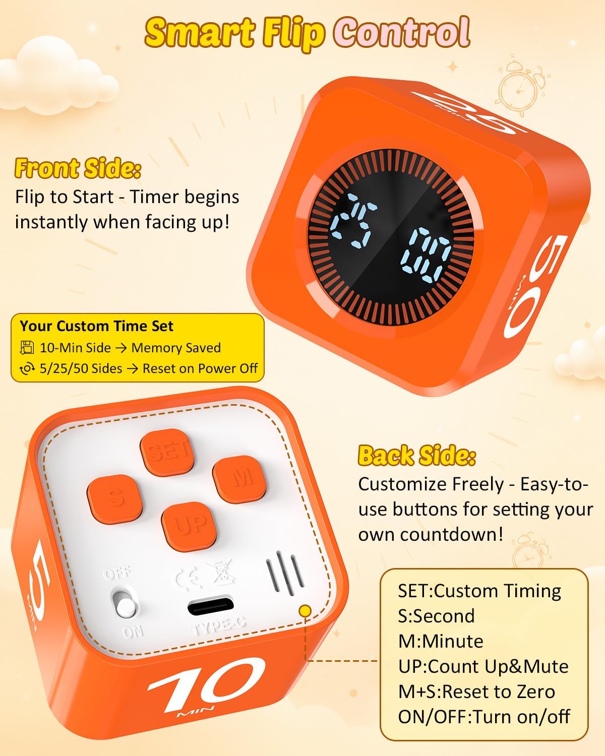 Digital Pomodoro Timer Cube 5/10/25/50min Preset, Silent & Sound Alarm