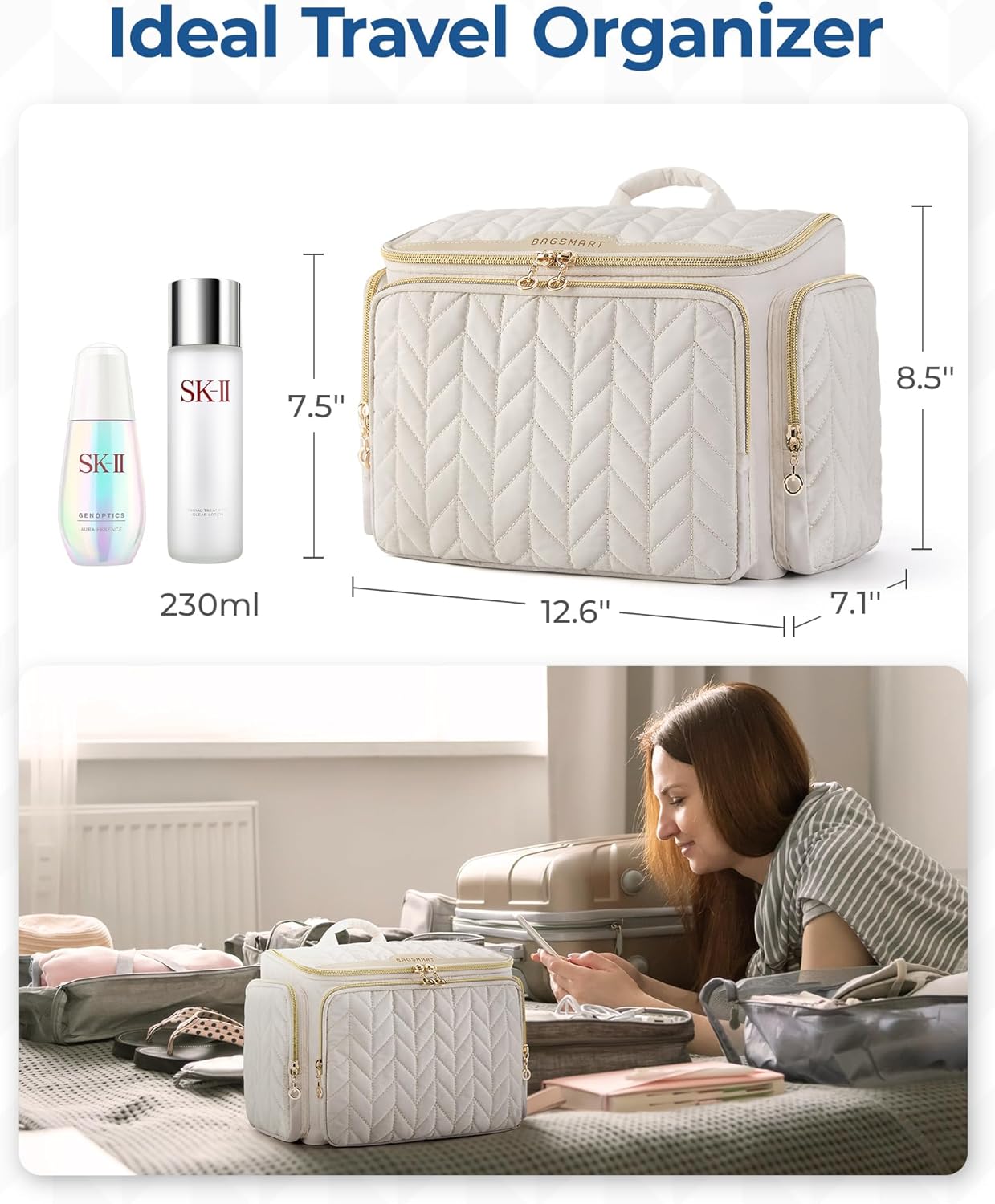 BAGSMART Travel Toiletry Bag, Large Wide-open Travel Bag for Toiletries, Makeup Cosmetic Travel Bag with Handle-Grey