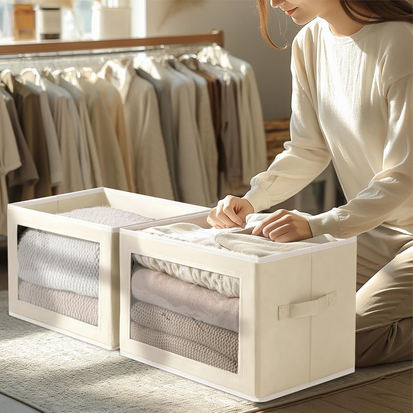Homsorout Storage Boxes with Lids - 3 Pack Fabric Clear Window Storage Bins, Collapsible Storage Bins with Lids, Linen Closet Organizer for Clothes, Towel, Blanket, Beige