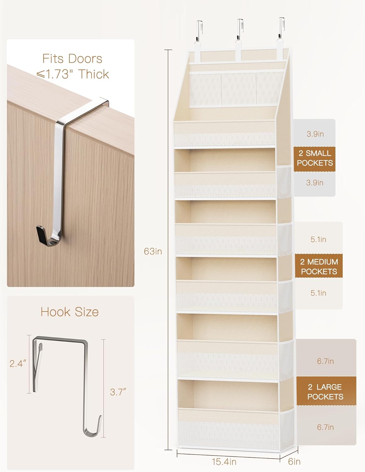 Criusia Over the Door Organizer, 6-Shelf Closet Hanging Storage with 13 Mesh Pockets, 55lbs Capacity Behind the Door Storage for Baby Nursery, Bathroom, Bedroom, and Dorm, Beige