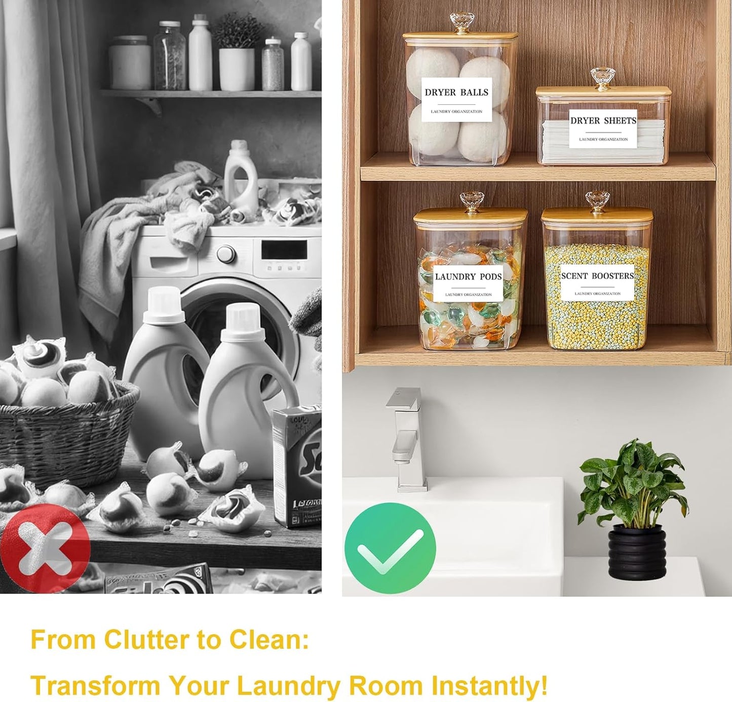4 Pack Clear Laundry Pods Container & Dryer Sheet Holder Set with Lid, Laundry Containers with Scoops & Labels, Laundry Room Organization and Storage for Laundry Detergent, Pods, Powder, Beads