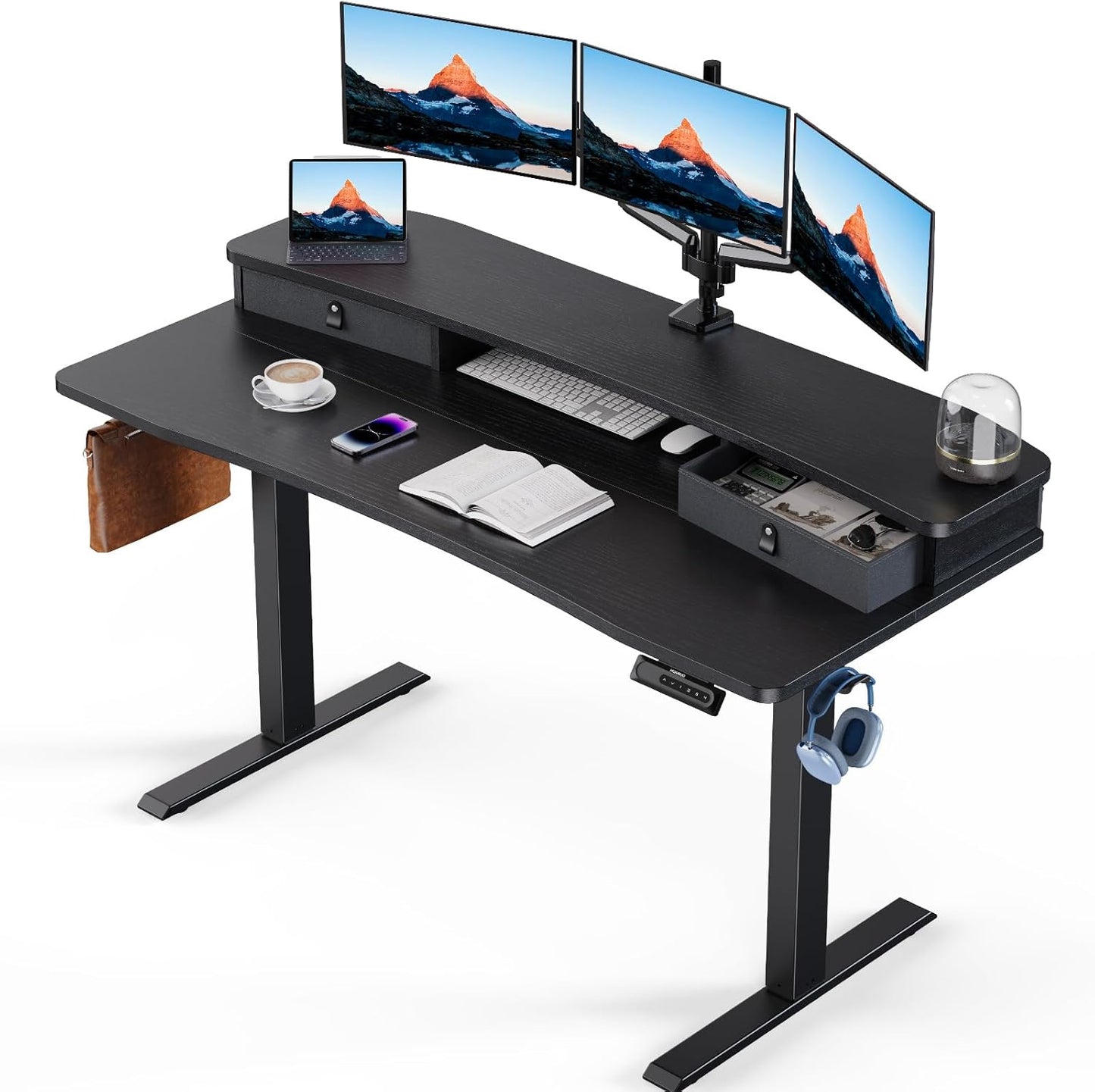 HUANUO 48″ x 24″ Electric Standing Desk with 2 Drawers, C-Clamp Mount Compatible, Height Adjustable Computer Desk, Home Office Stand Up Desk with 4 Preset Heights & 2 Hooks, Vintage Brown