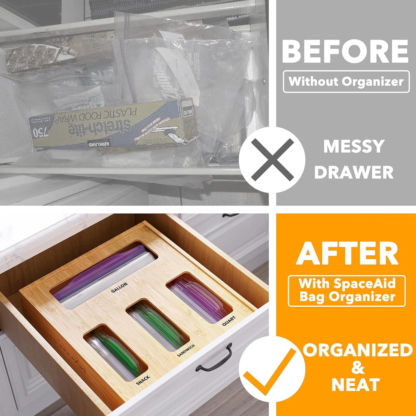 SpaceAid Bag Storage Organizer for Kitchen Drawer, Bamboo Organizer, Compatible with Gallon, Quart, Sandwich and Snack Variety Size Bag (1 Box 4 Slots, Natural, 2" High)