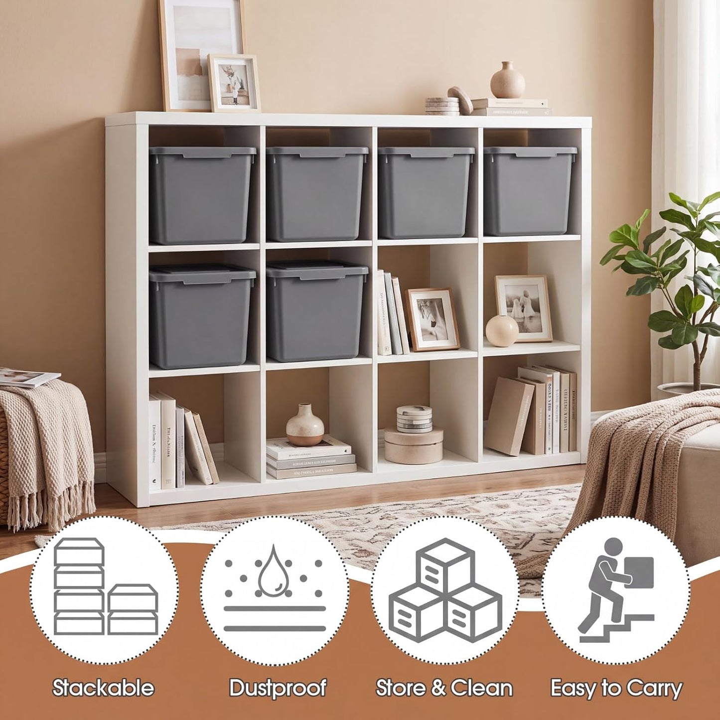 Potchen 6 Pcs Pack Small Stackable Storage Bins with Lids Plastic Storage Boxes for Classroom 9.8" ×7.3" ×5.7" Decorative Organizer Bins for Craft Art Office Teacher Supplies (Grey)