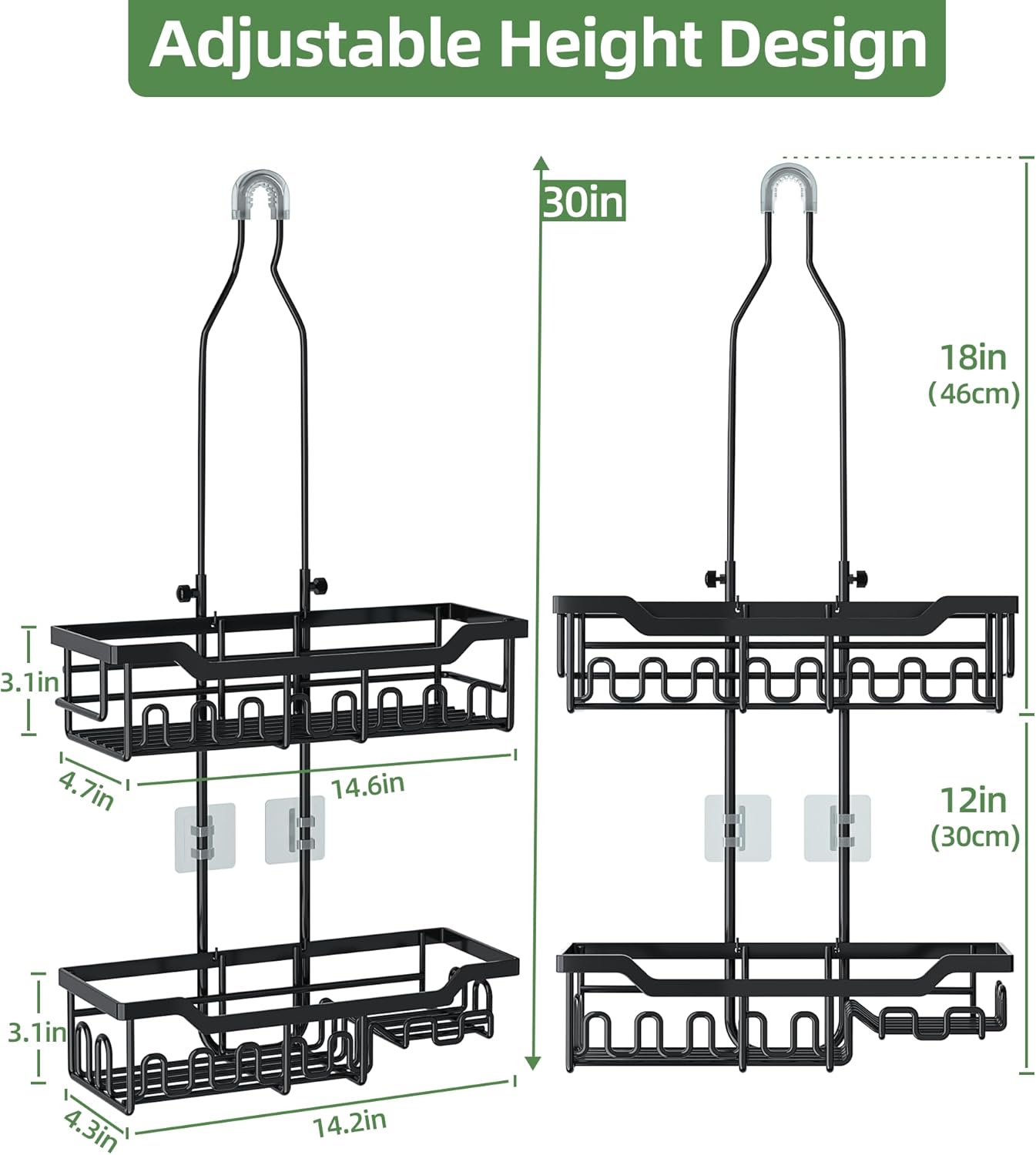 Shower Caddy Hanging Organizer, Extra Large Rack Over Showerhead with Hooks, Adjustable Height Shower Caddy for Big Shampoo Bottle, Black