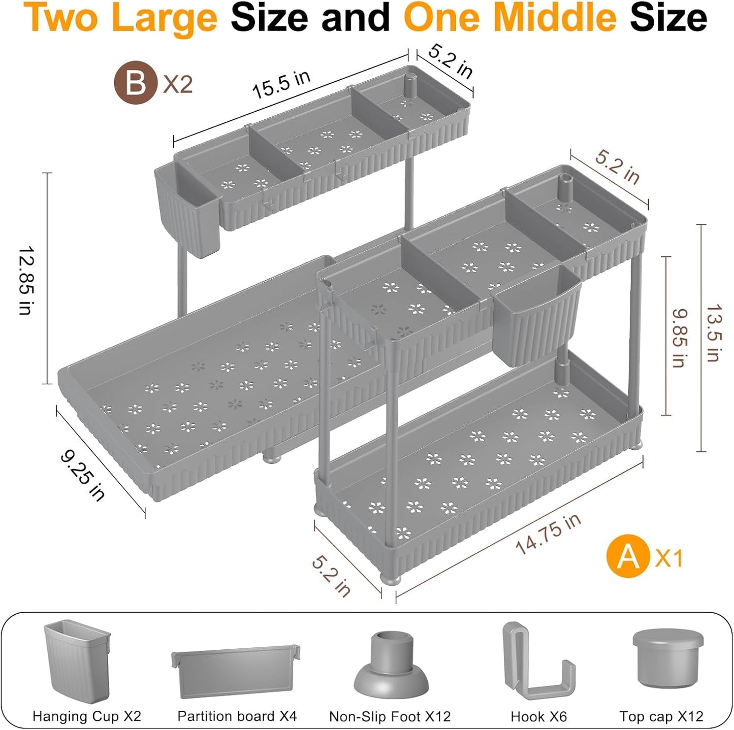 Sevenblue 3 Pack Multi-Purpose Pull-Out Storage Organizers, 2-Tier L-Shaped Under Sink/Cabinet Organizers and Storage for Bathroom & Kitchen,Grey,12.85 Inch