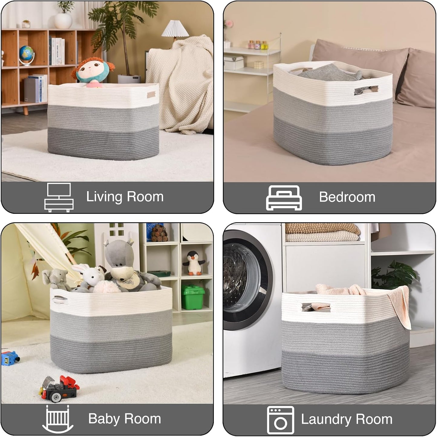 ICERZCZ Extra Large Blanket Basket Living Room, Rectangle Storage Basket, Large Woven Baskets for Storage, Cotton Rope Basket for Toys, Clothes, Gradient Grey - 25”x16”x16” (105L)