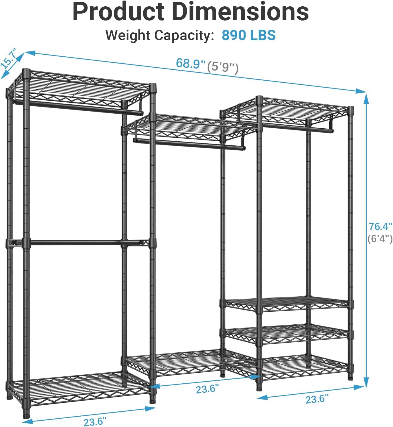 VIPEK V5 Heavy Duty Clothes Rack, Portable Closet Wardrobe with 4 Hanging Rods & 8 Shelves, Freestanding Adjustable Garment Rack for Bedroom, Walk-in Closet, 890 lbs Capacity, Black, 68.9" L