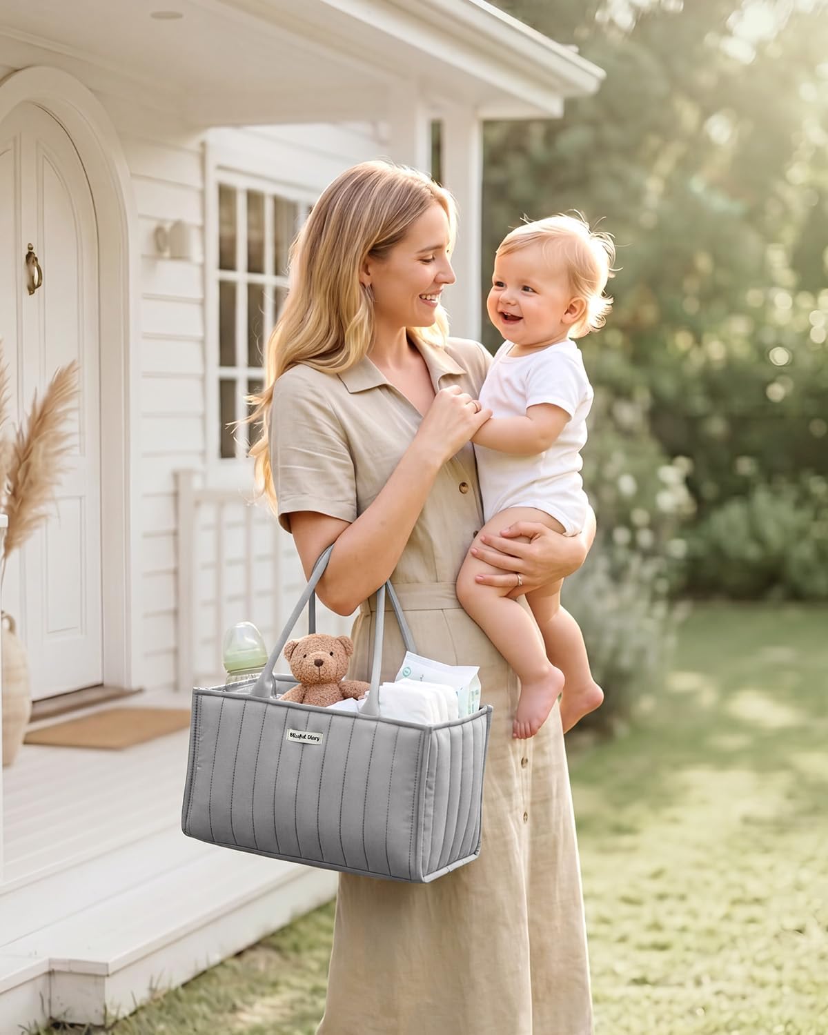 Blissful Diary Baby Diaper Caddy Organizer, Stylish Storage Basket for Newborn Essentials and Diaper Station, Gift for Baby Shower and Registry Must-Have, Light Gray