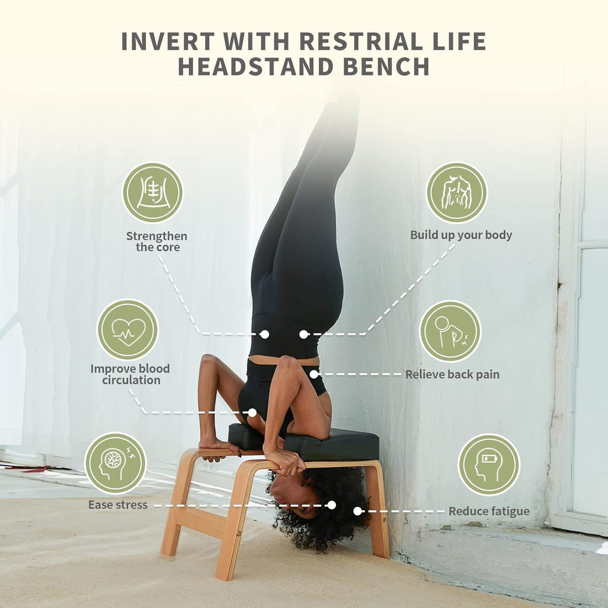 Yoga Inversion Bench- Headstand Bench for Home & Gym, Relieve Stress, Strengthen Core, Improve Sleep & Digestion(Two Resistance Bands For Free)