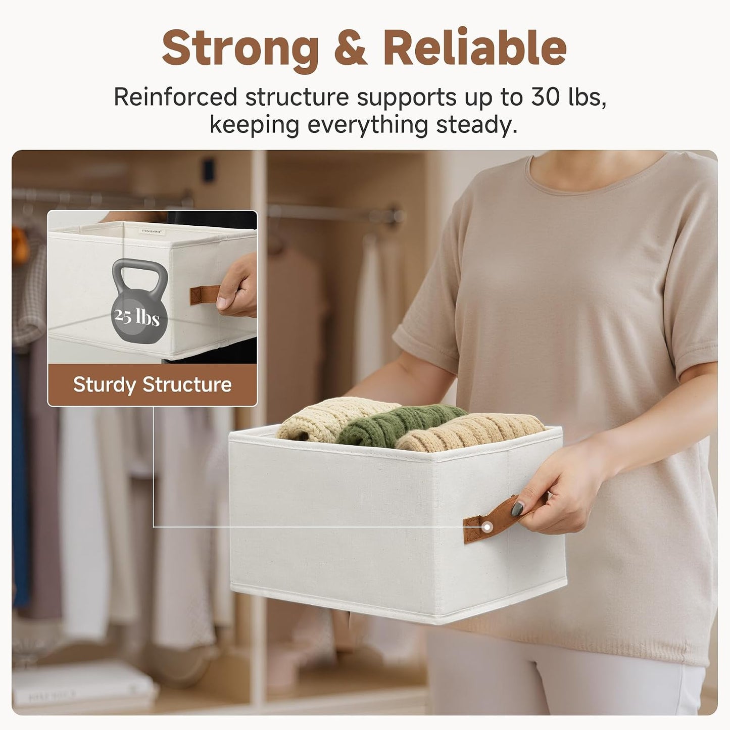 StorageWorks Closet Storage Bins with PU Handles, Ivory White, Small | Closet Organizer Storage Baskets for Shelves, Fabric Organization and Storage, Foldable Closet Organizer for Clothes