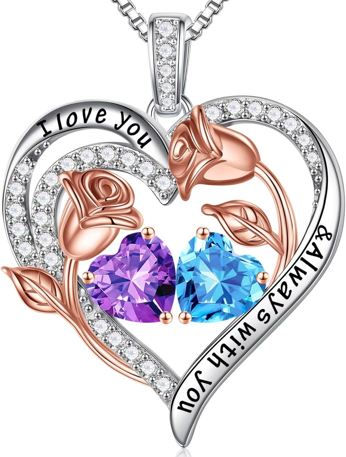 Iefil Birthstone Necklace for Women - Rose Heart Necklace