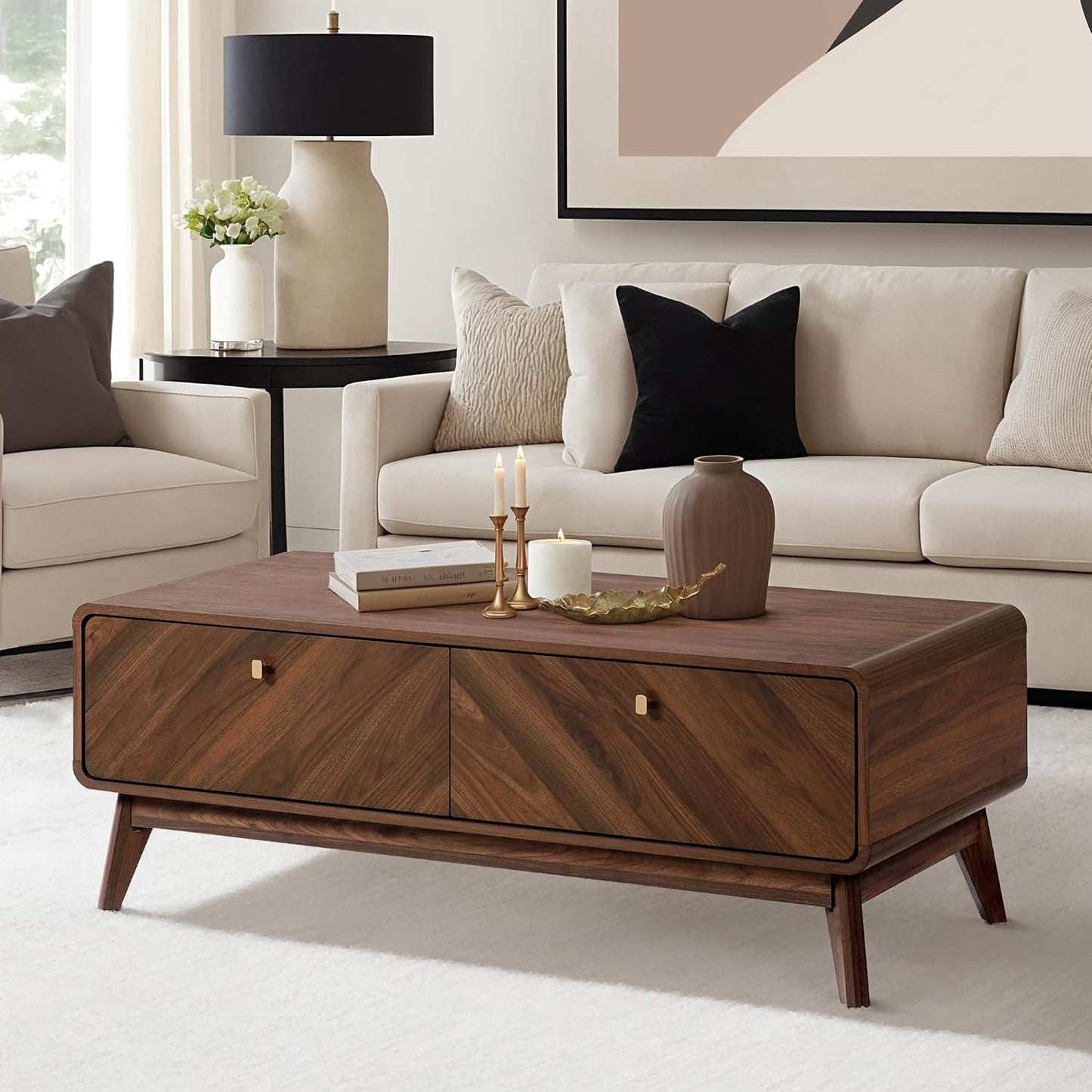 LuxenHome 47" Live Edge Mid Century Modern Walnut Coffee Table with Storage | Wooden Center Table with Storage, Geometric Wood Grain Fronts, Spacious Concealed Storage, and Tapered Legs
