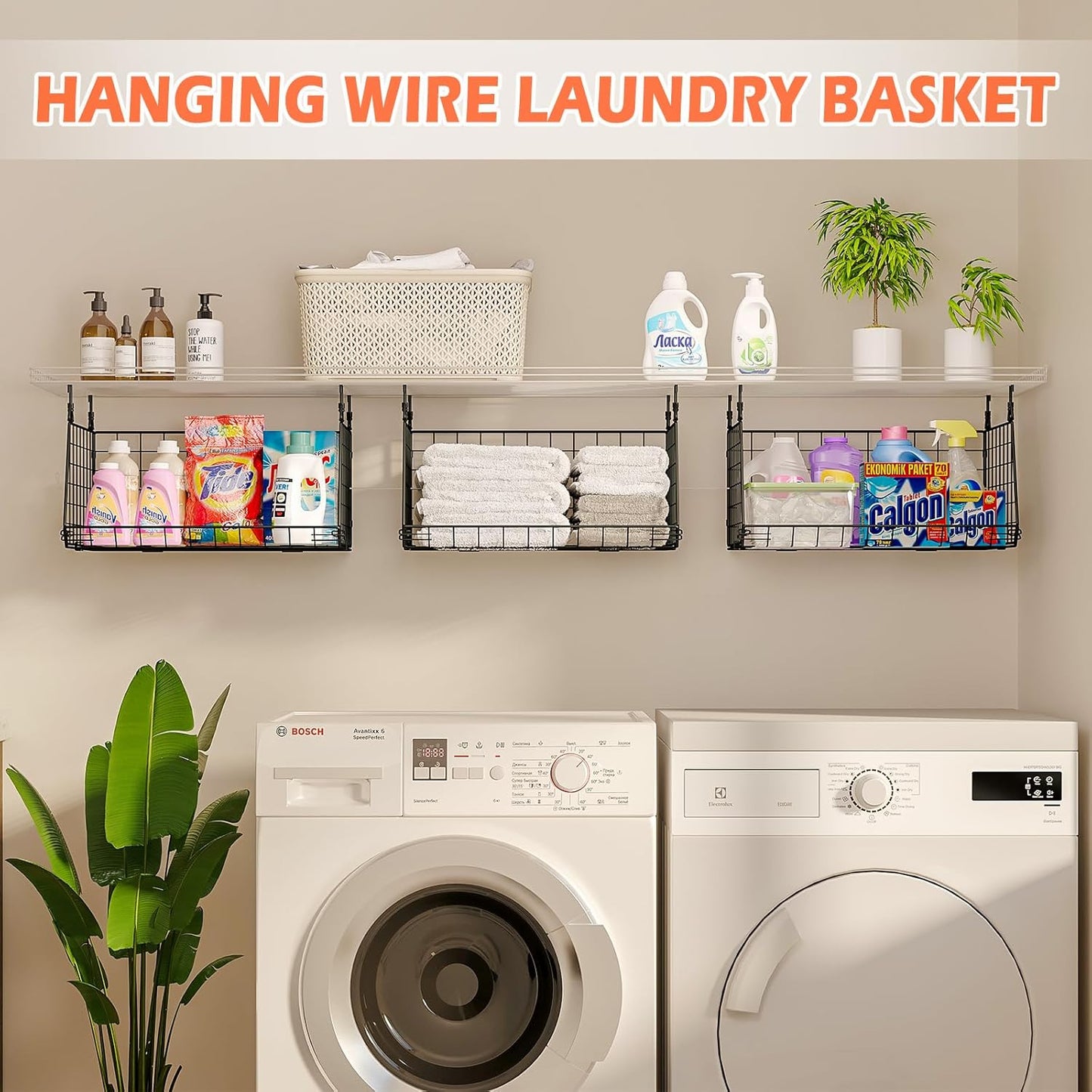 3-Pack Hanging Laundry Room Organizaton：Foldable Laundry Basket Wire Basket with 360°Rotating Hooks Small Space Organization Over Washer and Dryer Shelves - Hanging Closet Organizer, Black Patent