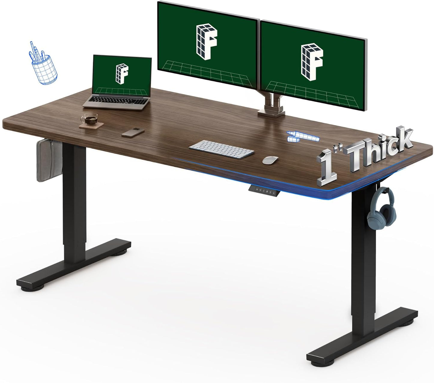 FLEXISPOT 60"x24" One-Piece Electric Standing Desk, 1" Thick Seamless Desktop for Home Office, Study & Multi-Monitor Setup, Black Walnut