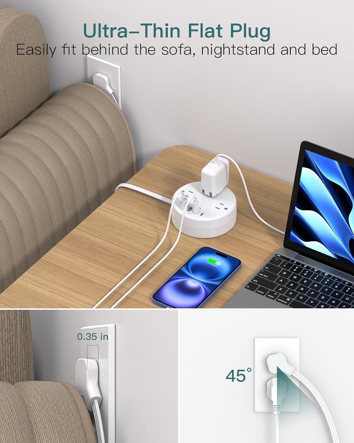 Addtam Travel Esstentials - Cruise Approved Power Strip with 5ft Retractable Cord, Ultra Thin Flat Plug, 3 Outlets 4 USB (2 USB C), Non Surge Protector for Travel/Cruise/Home/Dorm/Office, ETL Listed