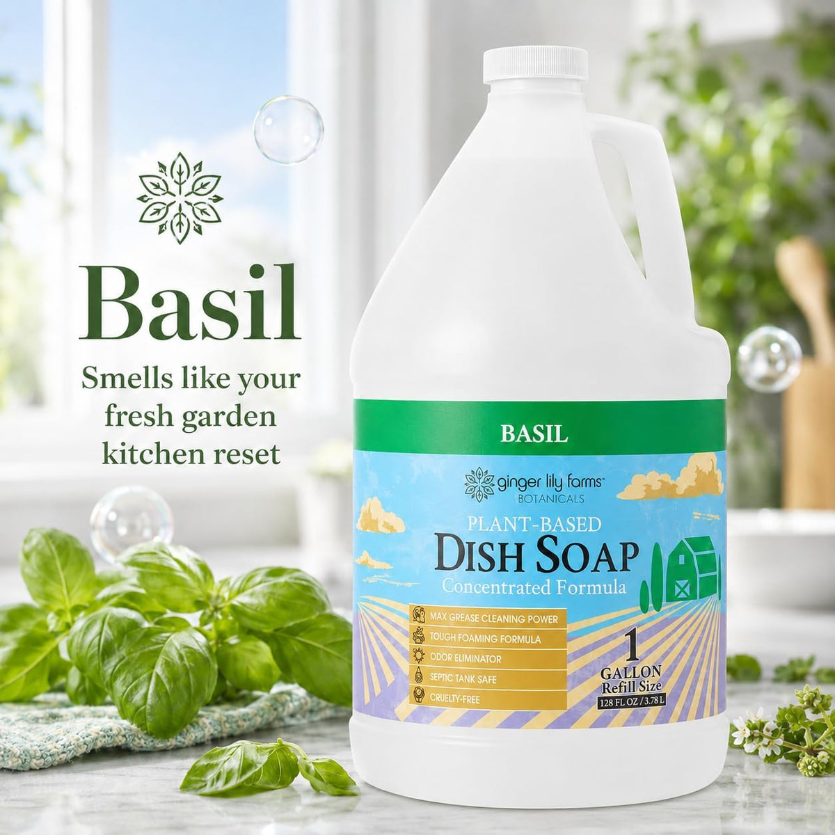Ginger Lily Farms Botanicals Liquid Dish Soap, 128oz/4pk, Basil