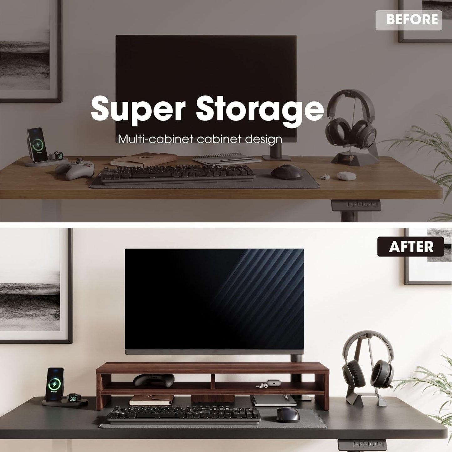 Fenge Monitor Stand, 31.5 Inch Computer Monitor Riser for Desk, 2 Tiers Wood Desk Shelf with Storage, Desktop Organizer for PC, Laptop, Screen, Printer