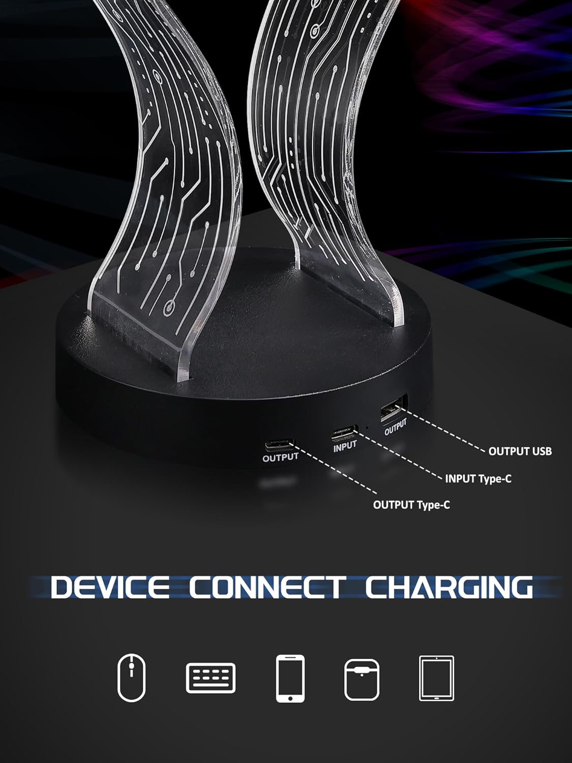 CoolGift Mart Light Up Headphone Stand with 16 Color Lights, PCB Pattern Acrylic Headset Stand with 1 USB and 1 Type-C Charging Ports, Gifts for Gamers Men Boy Father Dad and DJ Music Lovers