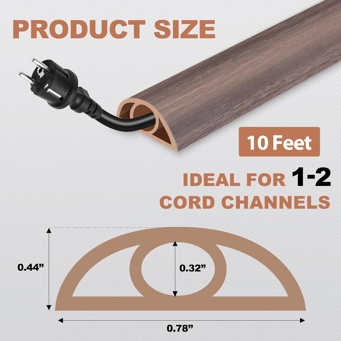 Floor Cord Cover for Wires on Floor Self Adhesive Cord Hider | Floor Cable Cover Floor Wire Covers for Cords Prevent Cable Trips, Cord Cavity W 0.32" x H 0.32", Grayish Brown Wood, 10Ft