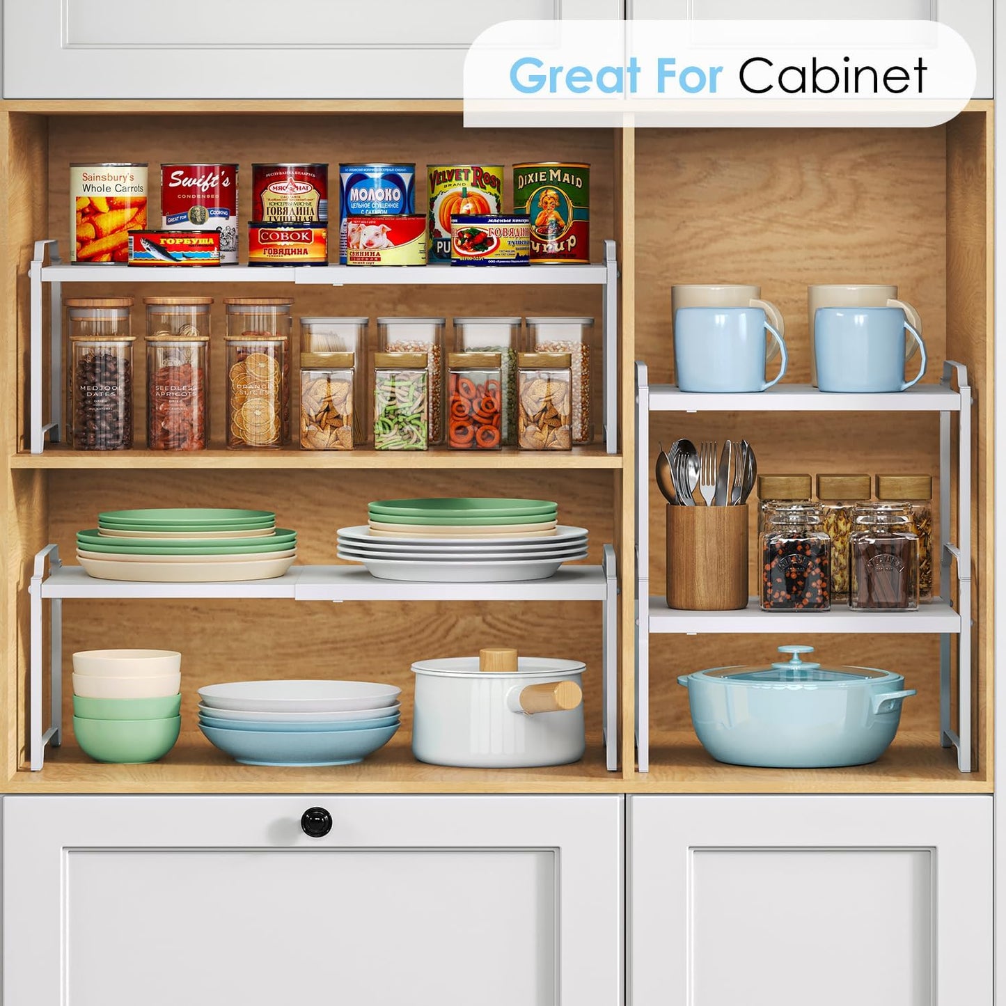 2 Pack 11” Width Expandable Kitchen Cabinet Organizer Shelves, Heavy Duty Kitchen Countertop Organizers and Storage Rack, Stackable Metal Small Storage Shelf For Pantry Counter Cupboard Organization
