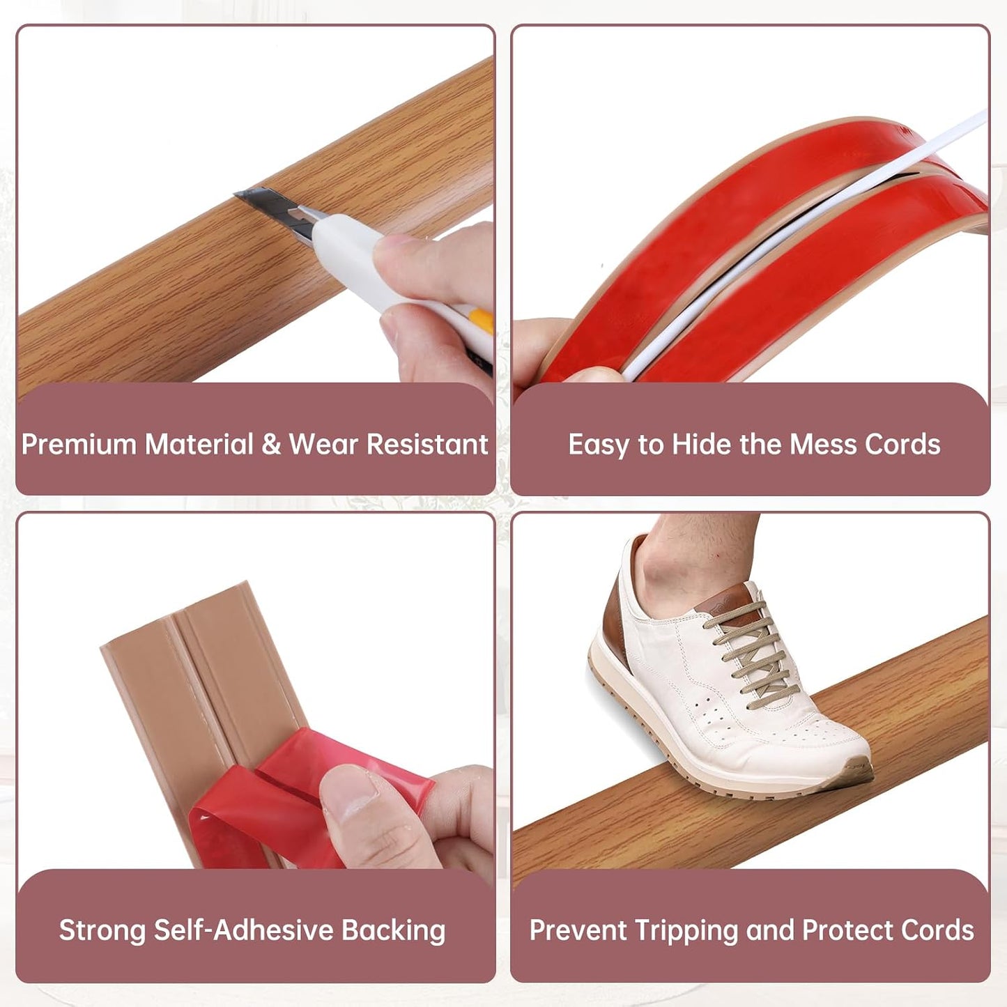 LSGCQ Floor Cord Cover Self Adhesive Cord Hider Floor Cable Management | Cord Covers for Wires on Floor Cable Cover, Prevent Cable Trips, Cable Cavity 0.59" W x 0.31" H, 20Ft, Light Brown Wood