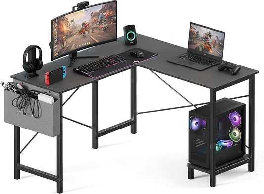 OLIXIS L Shaped Desk, 50-Inch Office Computer Gaming Desks Corner PC Table with Side Bag and Reversible Shelf for Home Work Study Writing Black