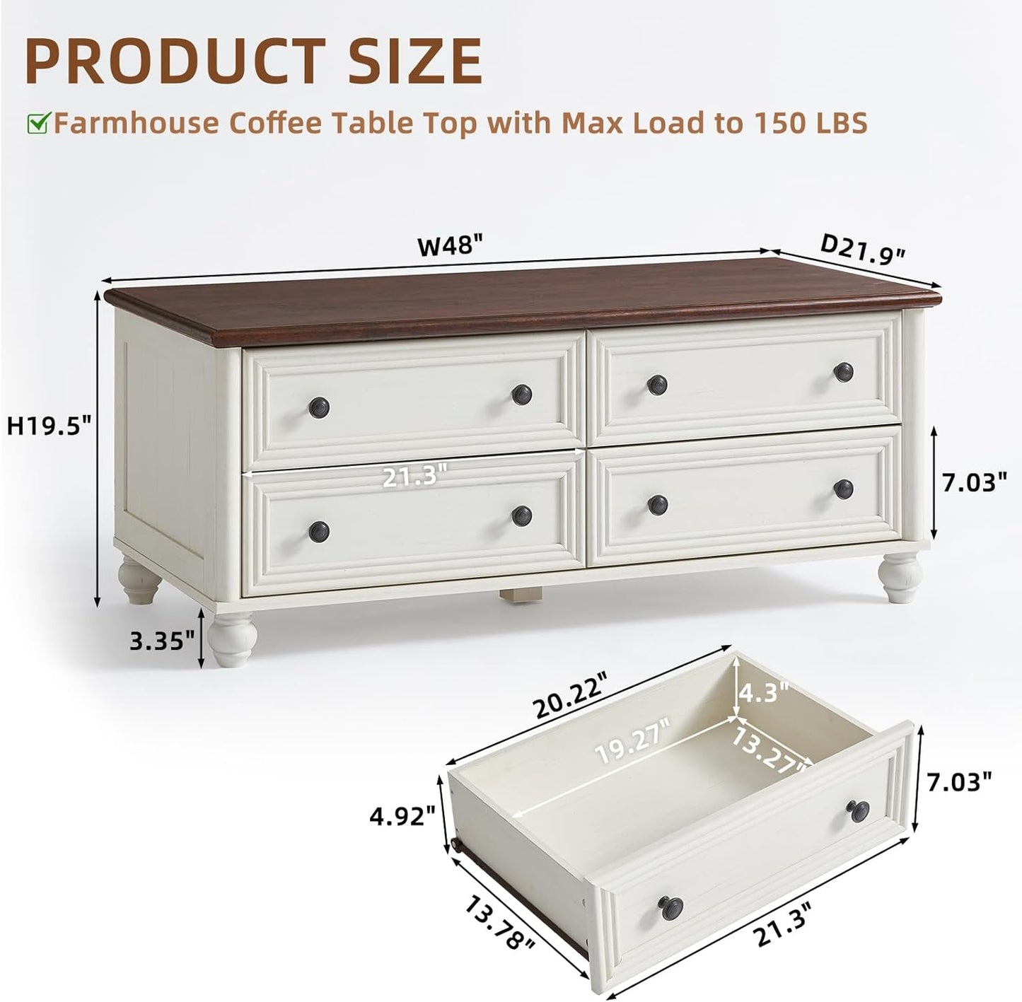 RWYHG 48" Farmhouse White Coffee Table, Center Table with 4 Drawers | High Capacity Hidden Storage, Smooth Roman Column Handles & Drawers, Solid Wood Sturdy Curved Legs, for Living Room,Office