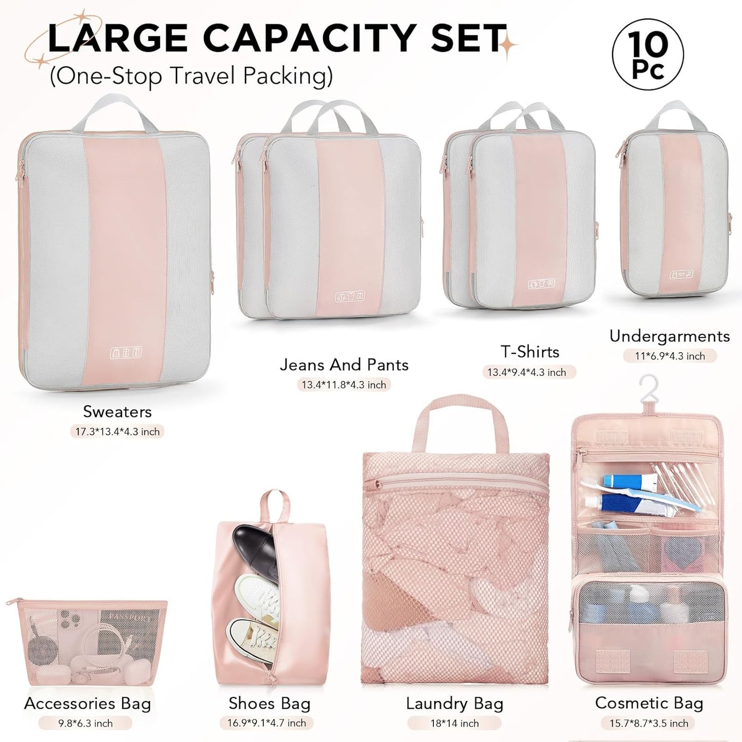 10 Set Compression Packing Cubes for Travel Gifts Mom Women,OlarHike Luggage Clothes Garment Bags for Travelers,Airplane/Cruise/Car Travel Essentials,Compressible Expandable Saver Space Bags(Beige)