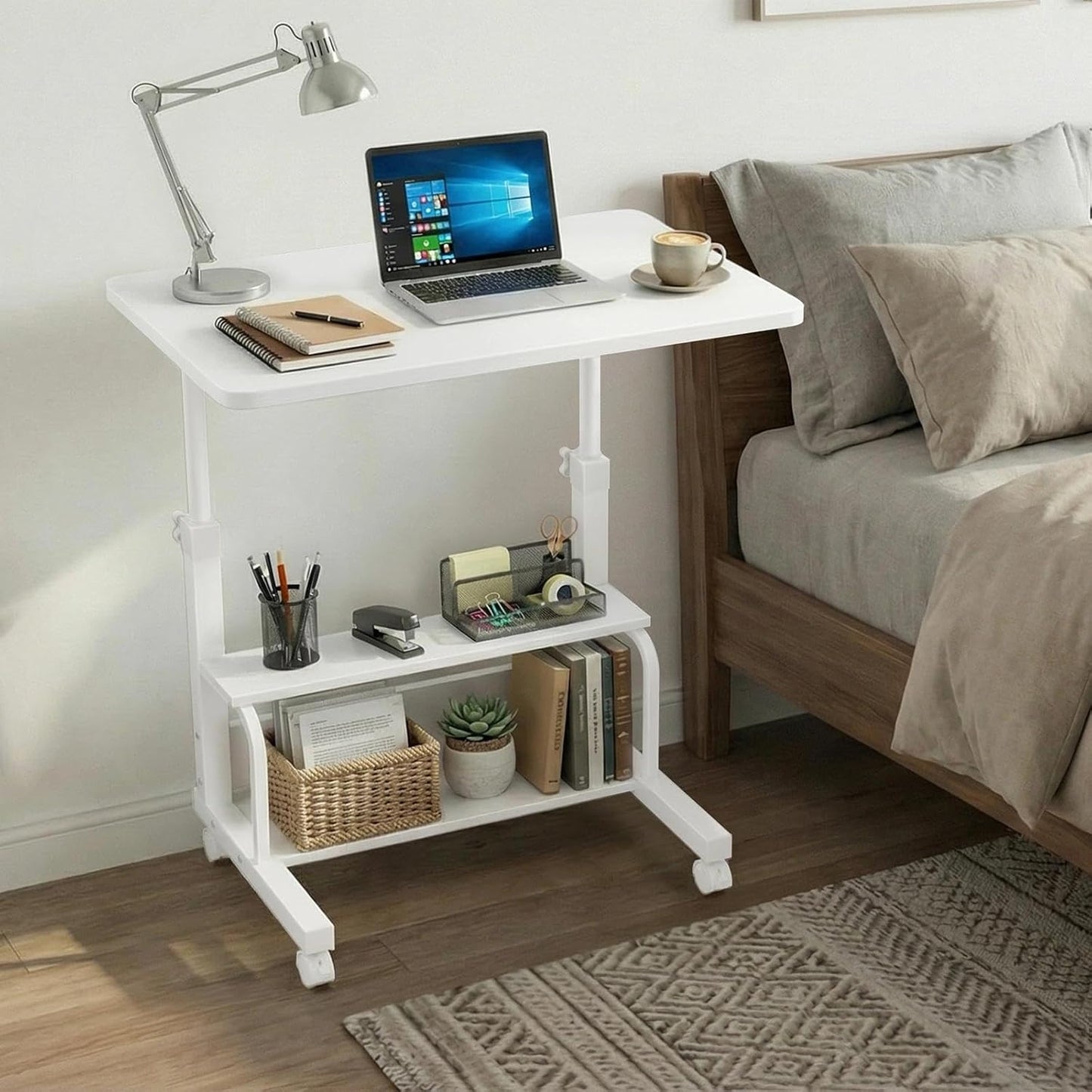 WINAZ Small Portable Laptop Rolling Desk - 32" Mobile Kids Desk with Wheels for Small Spaces, White，31.5"