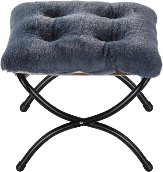 15" Faux Fur Upholstered Folding Foot Rest Stool with Metal Frame Navy