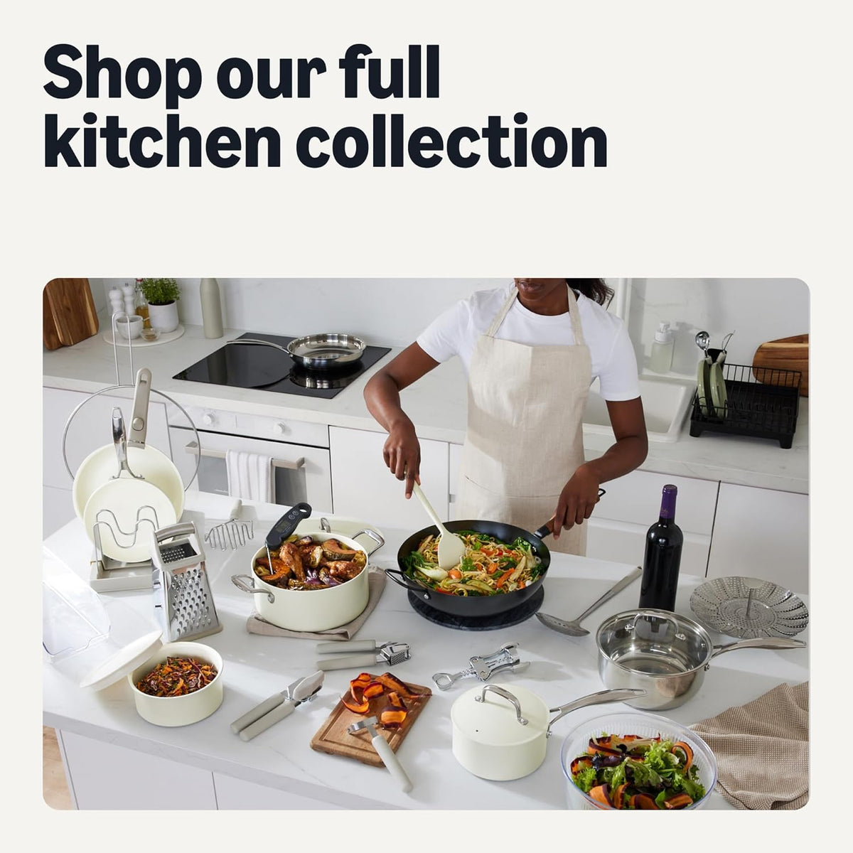 Amazon Basics Ceramic Nonstick Cookware Set with Detachable Handles, 11-Piece Stackable, All Cooktop Friendly, Oven-Safe, Dishwasher-Safe, Includes Saucepan, Frying Pan, Ivory