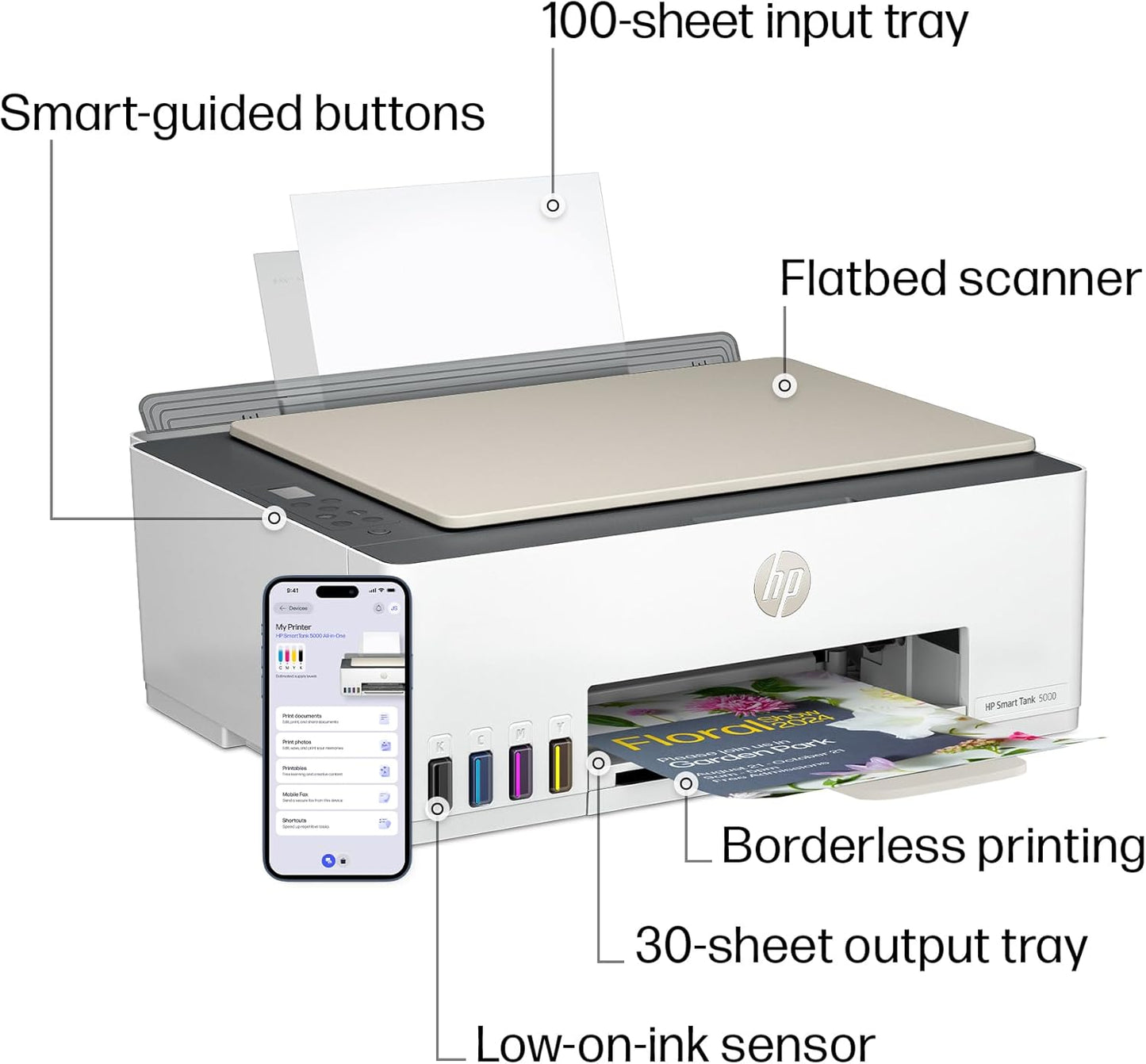 HP Smart Tank 5000 Wireless All-in-One Ink Tank Printer, Scanner, Copier with 2 Years of Ink Included, Best-for-Home, Cartridge-Free, Refillable and AI-Enabled. (5D1B6A)